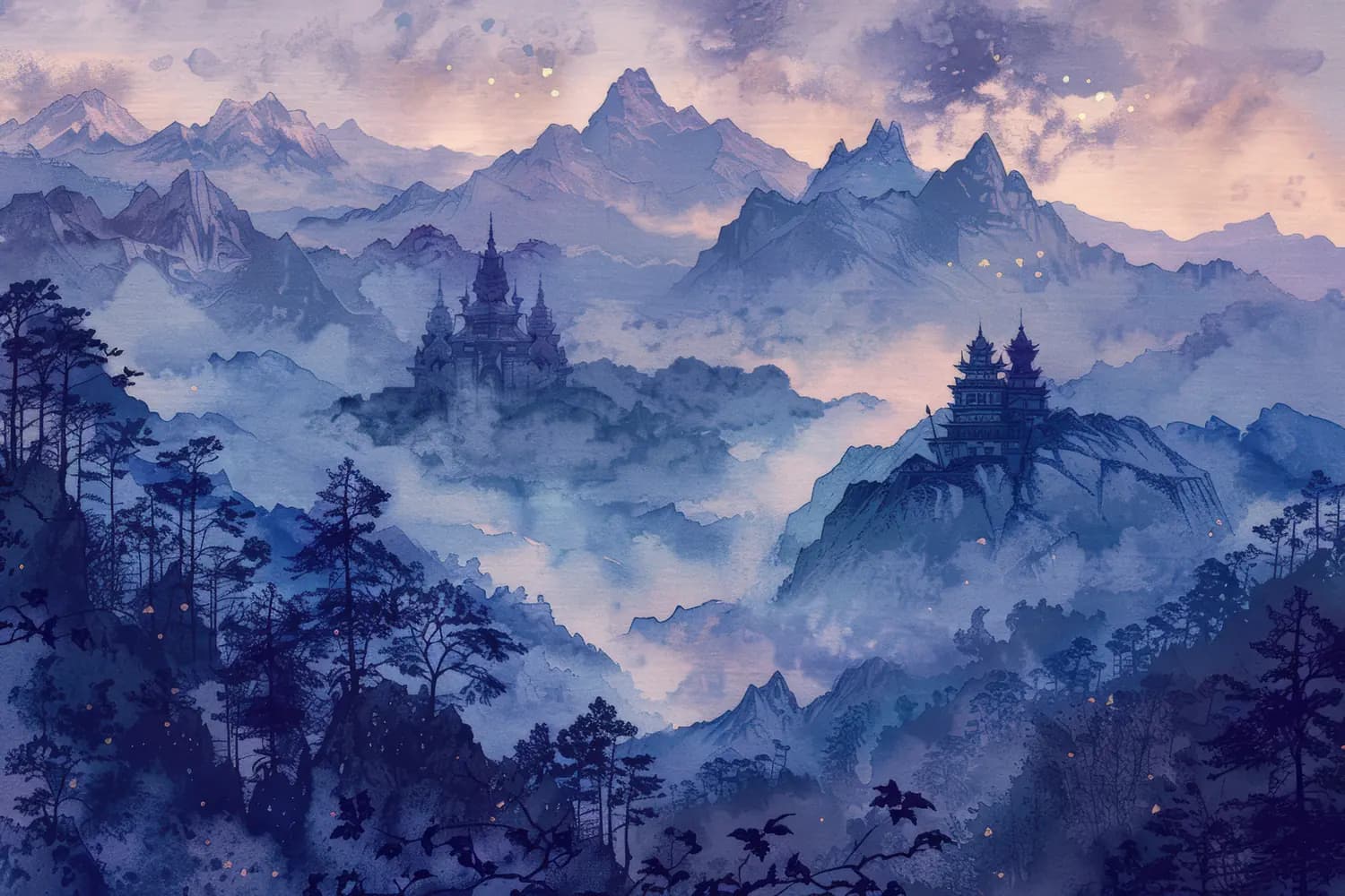 Temples Anciens dans la Brume des Montagnes