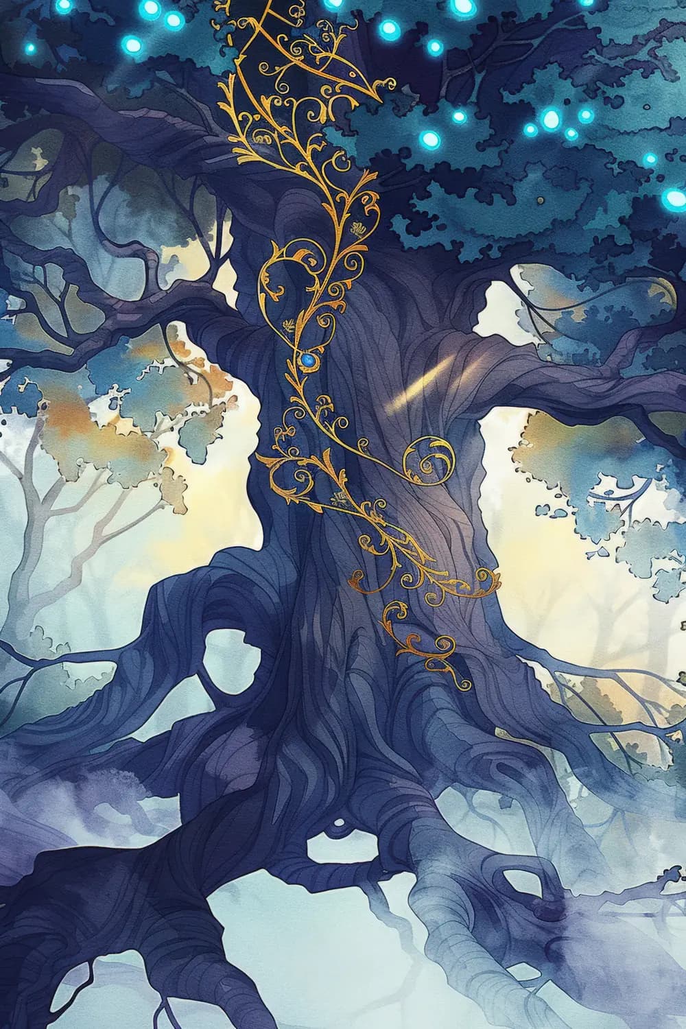 L'Arbre Ancien aux Ornements Dorés et Lumières Célestes