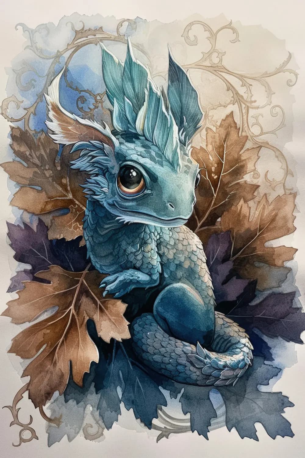 Bébé Dragon Bleu dans les Feuilles d'Automne