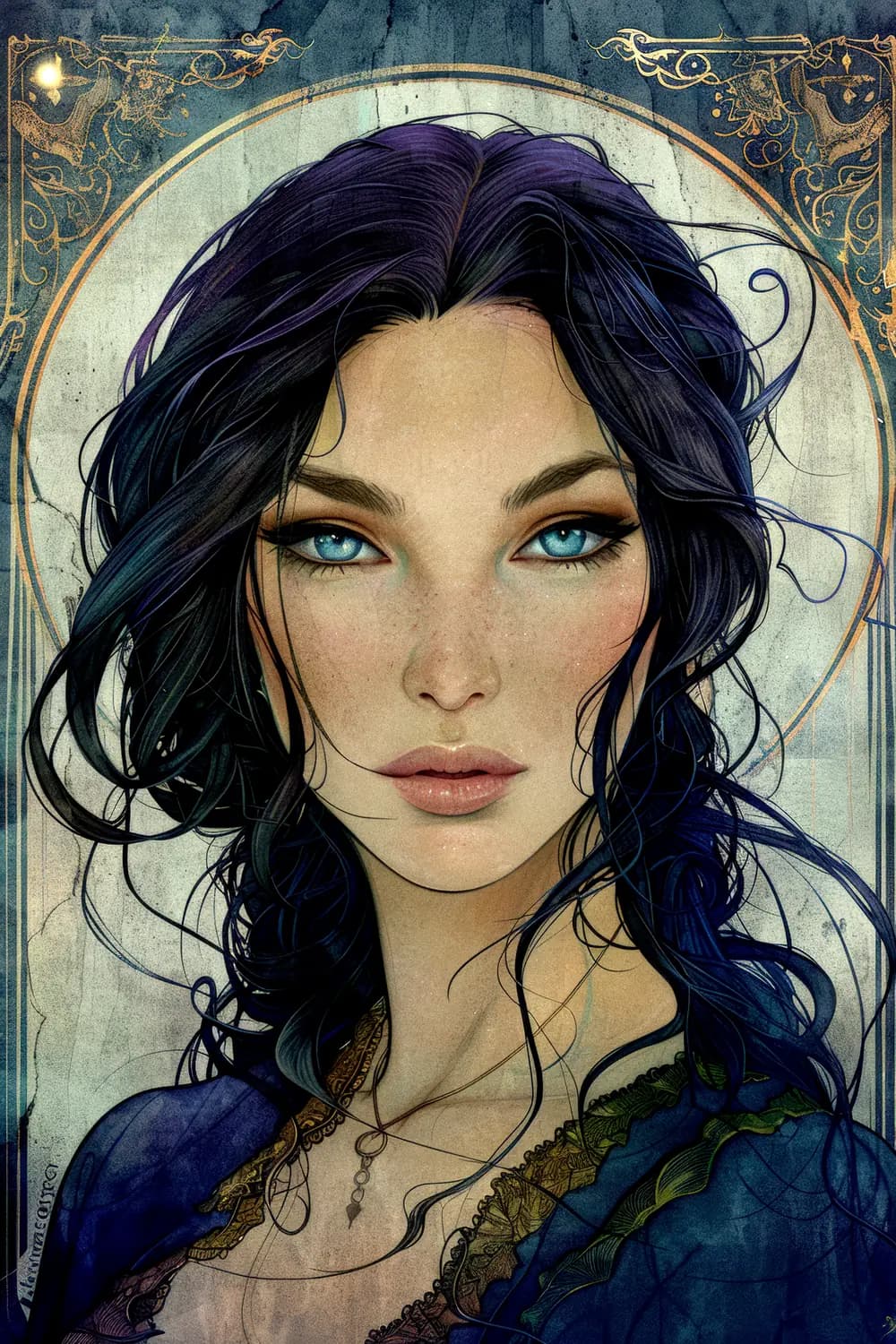 Portrait Envoûtant aux Yeux Bleus et Cheveux Violets