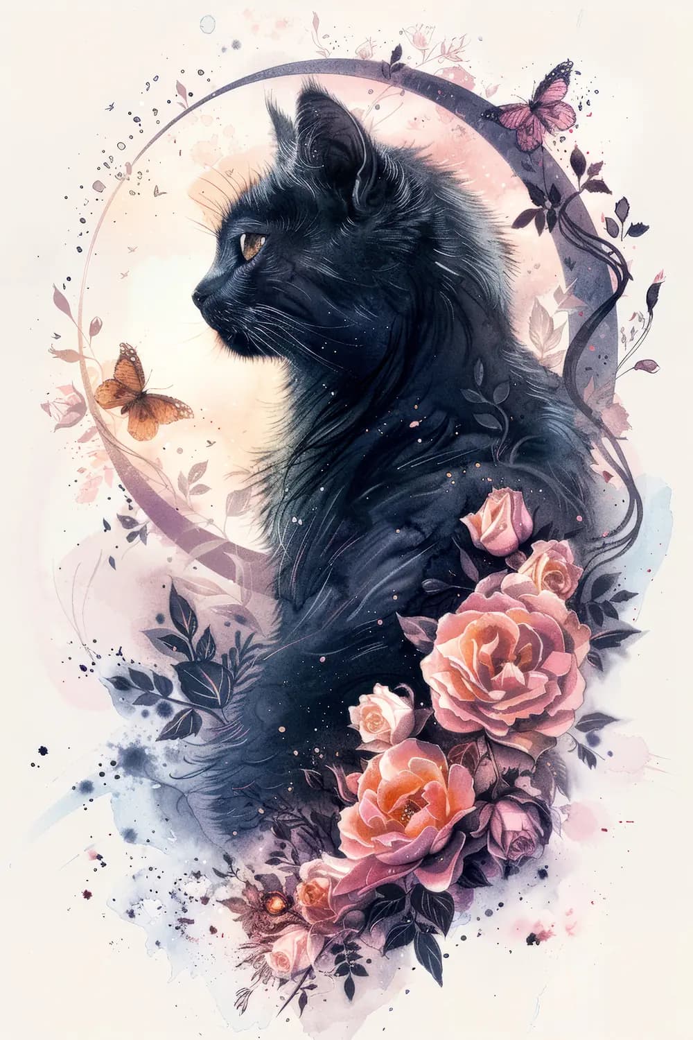 Chat Noir et Roses dans un Halo Lunaire