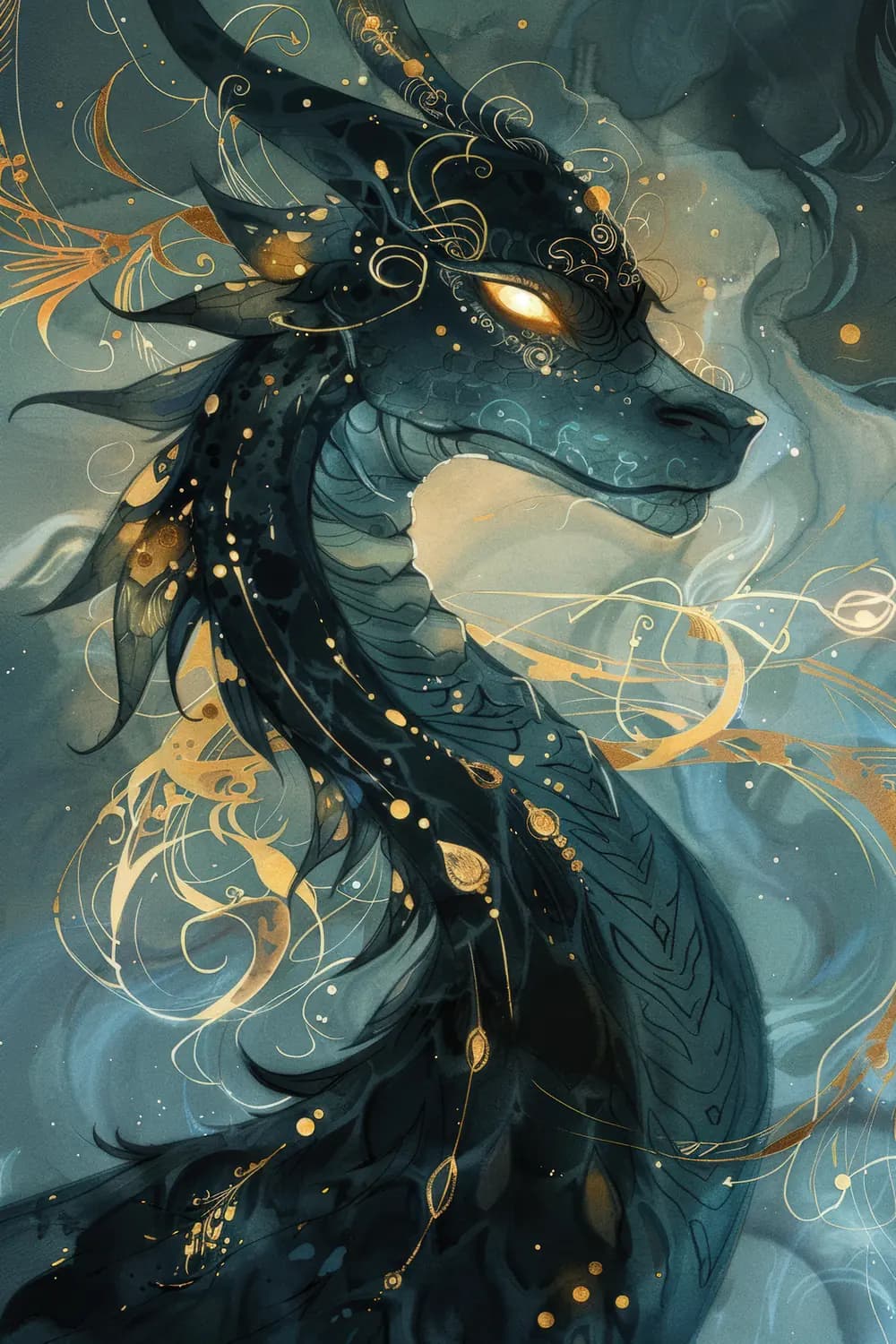 Dragon Noir aux Ornements d'Or Céleste