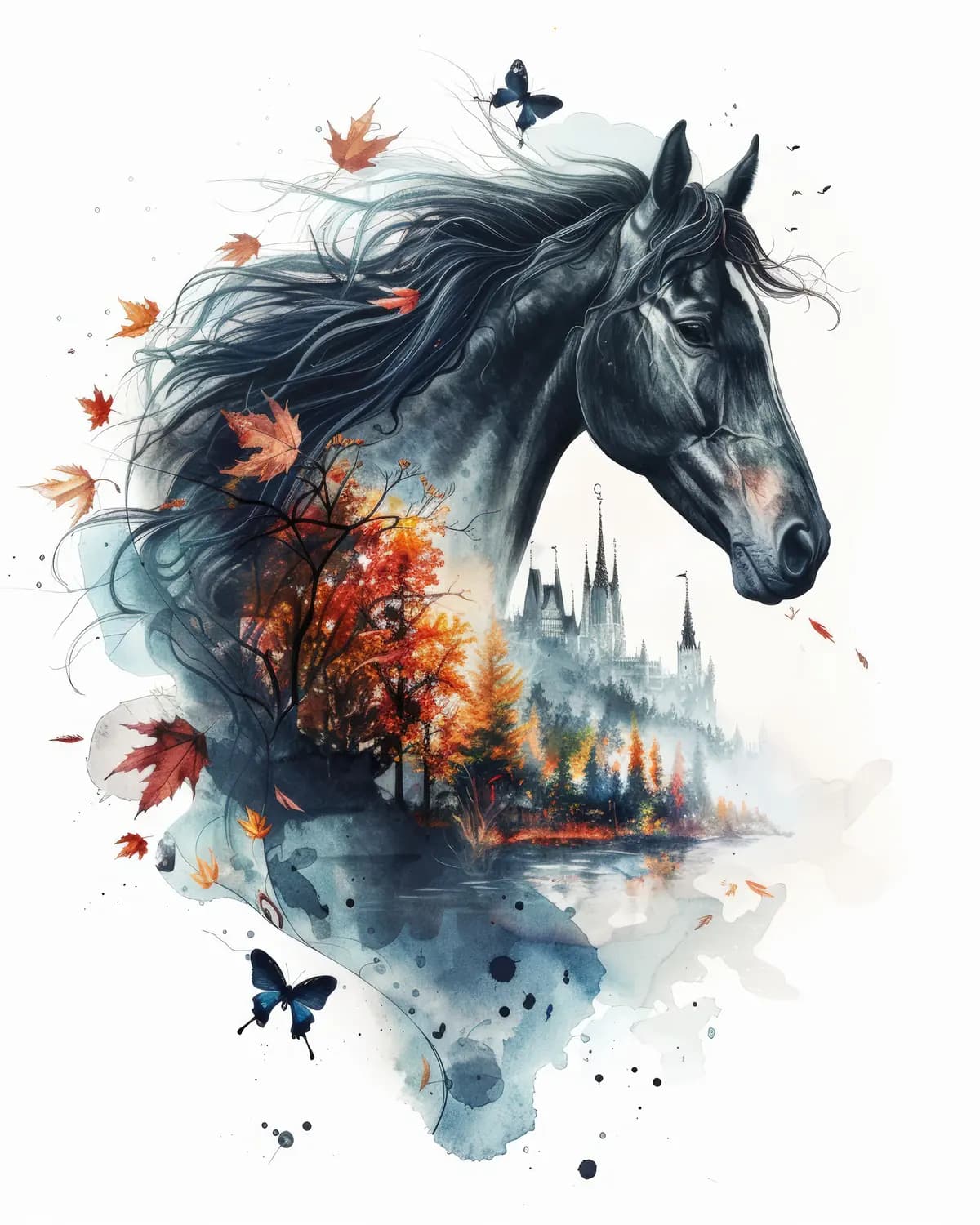Cheval Noir et Château d'Automne Enchanté