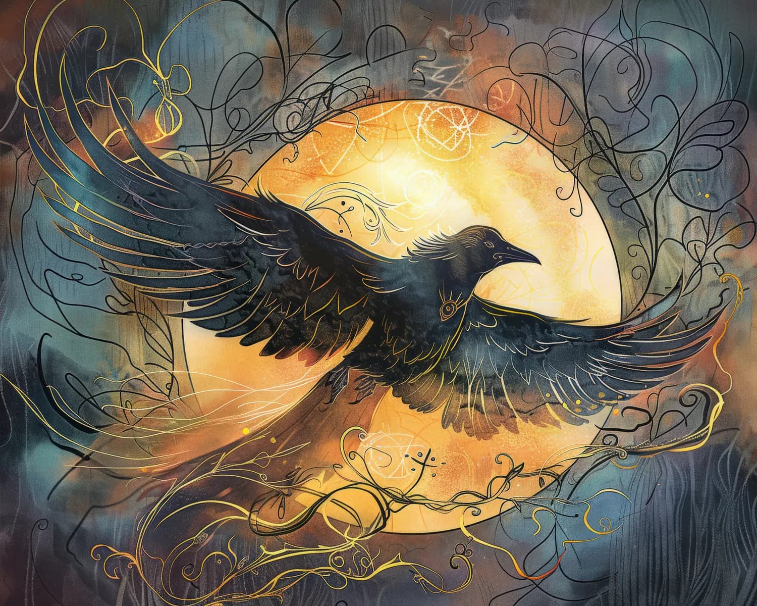 Le Corbeau Noir en Vol sous la Lune Dorée