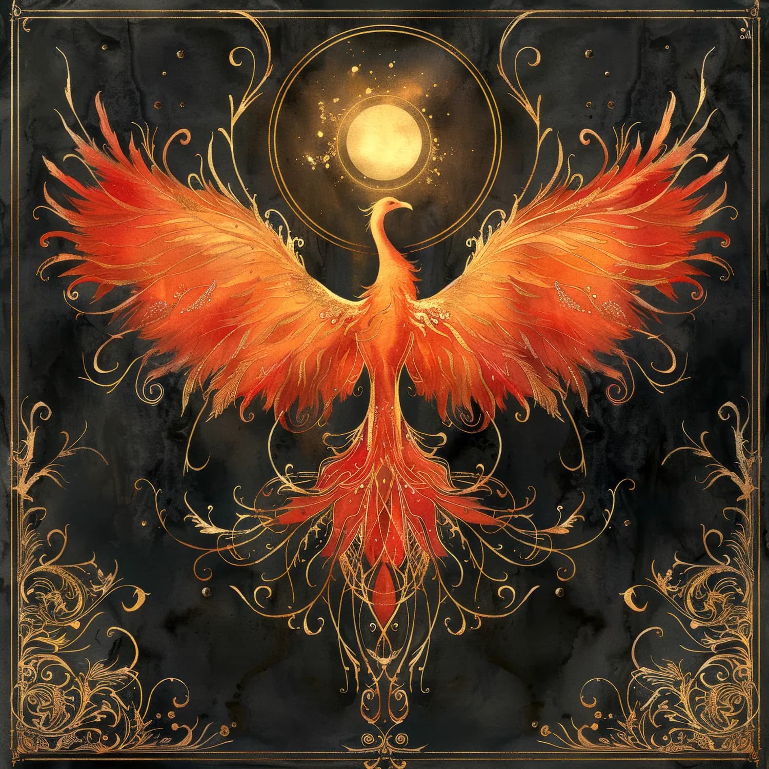 Phénix en Flammes sous la Lune Dorée