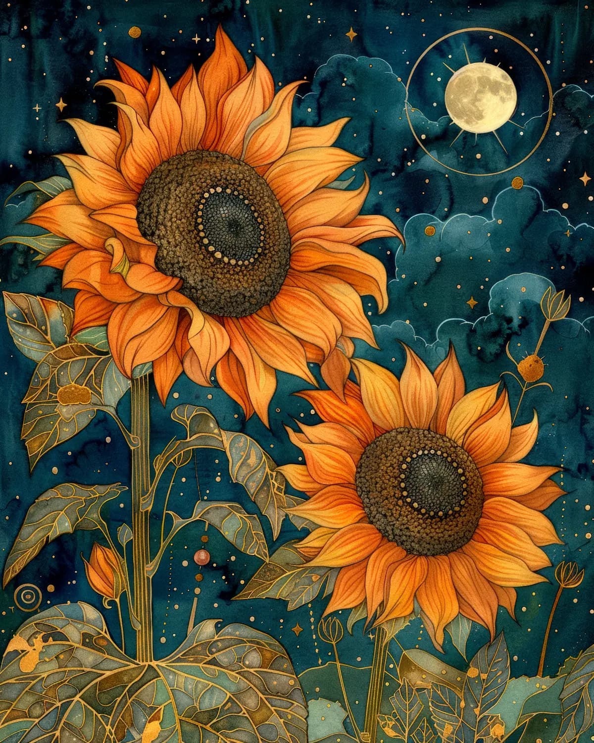 Tournesols Flamboyants Sous la Lune Étoilée