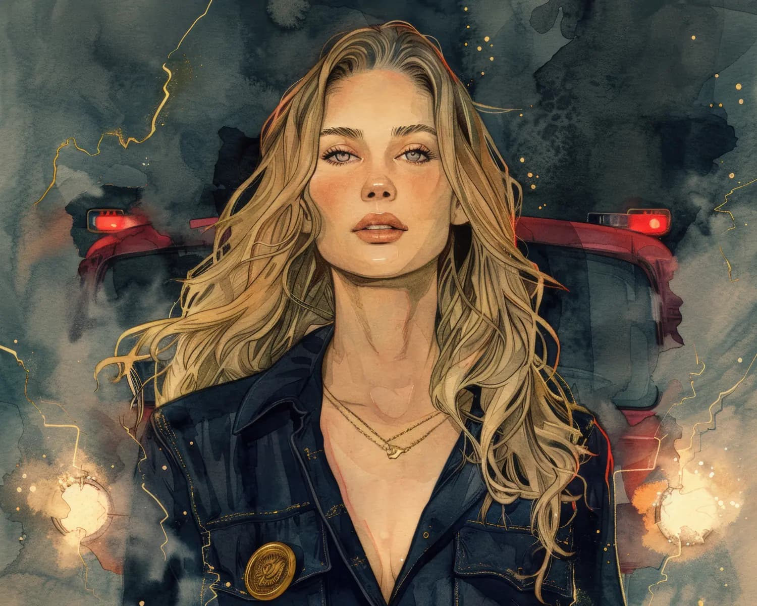 Femme Blonde sous la Tempête et les Feux Rouges