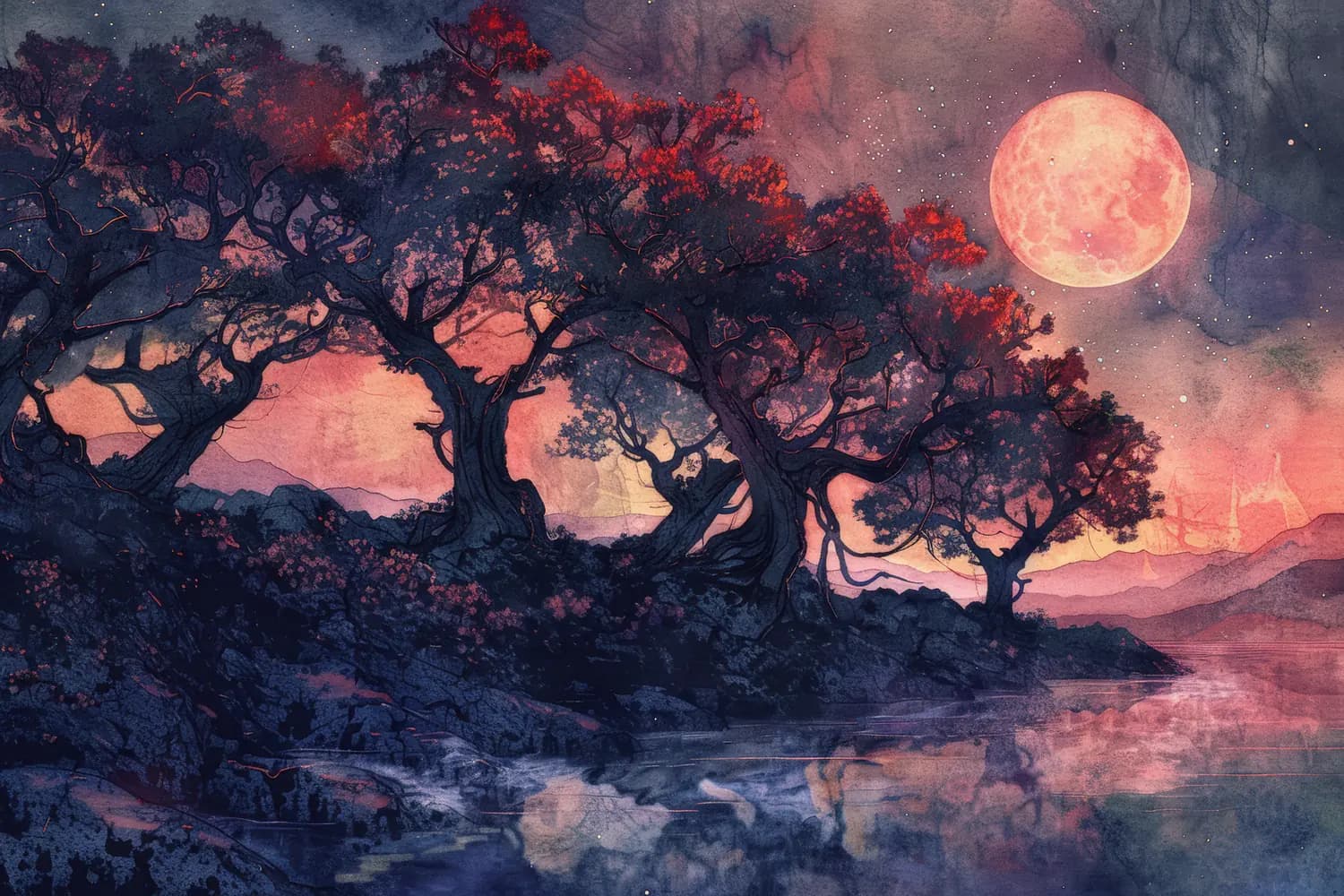 Lune Rouge sur les Arbres Tordus de Nuit