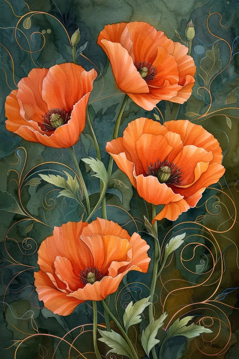 Coquelicots Orangés aux Arabesques Dorées