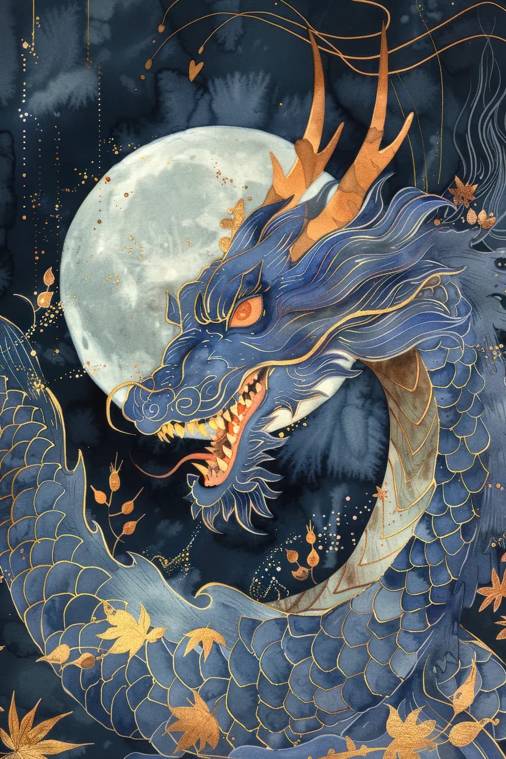 Dragon Céleste Bleu sous la Pleine Lune