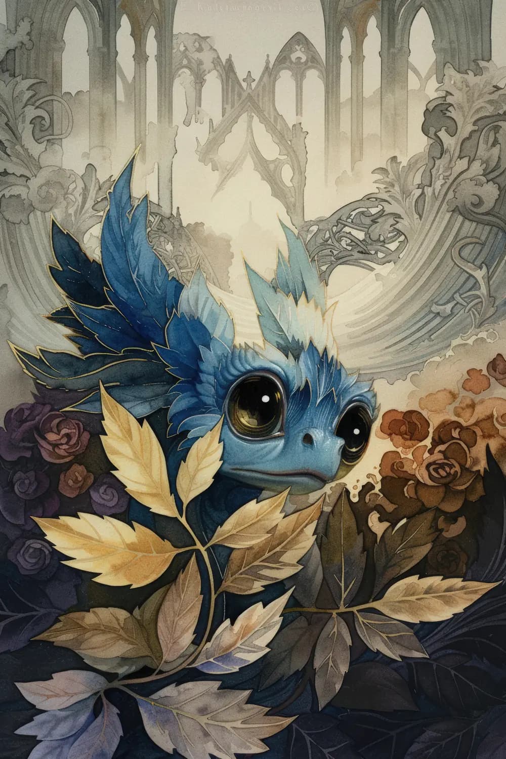 Petit Dragon Bleu dans les Ruines Gothiques