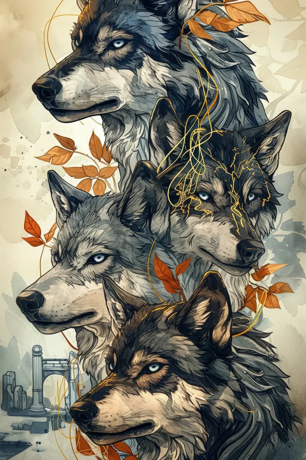 Meute de Loups aux Yeux Bleus et Feuilles d'Automne