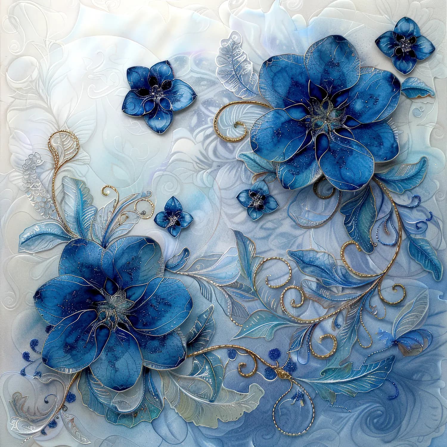 Fleurs Bleues Ornementales aux Arabesques Dorées
