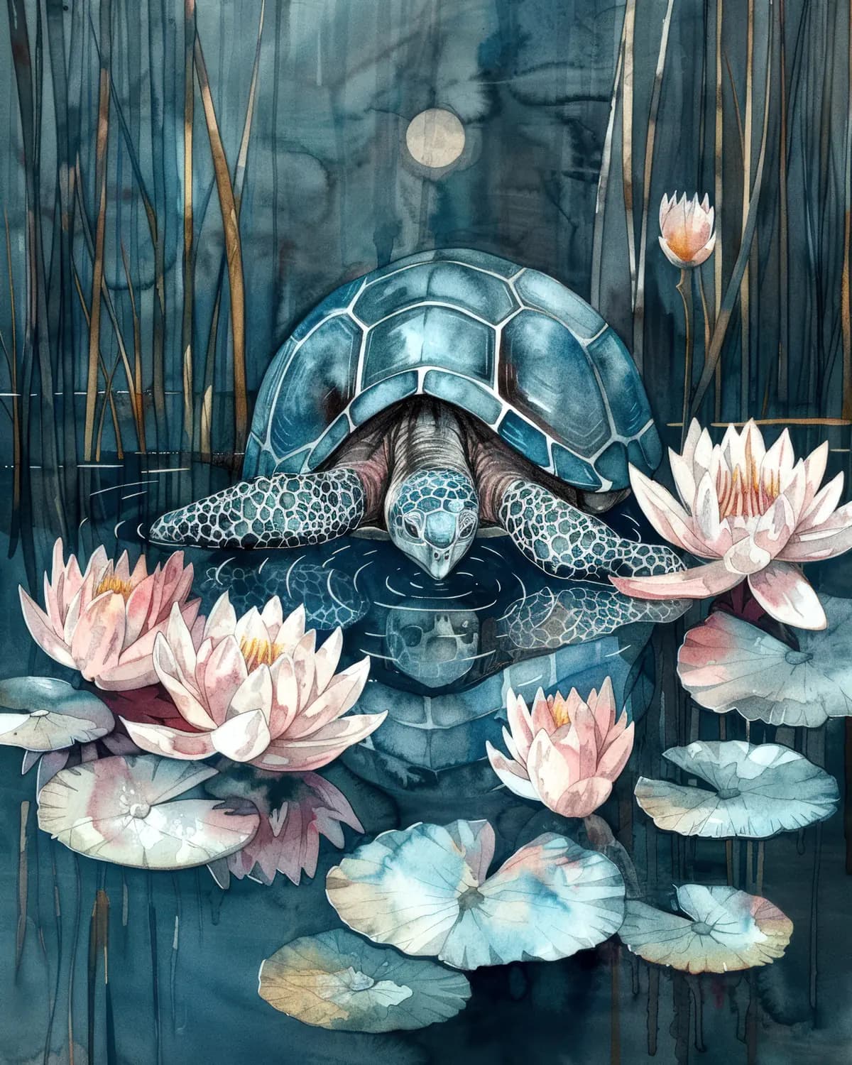 Tortue Bleue au Clair de Lune sur l'Étang