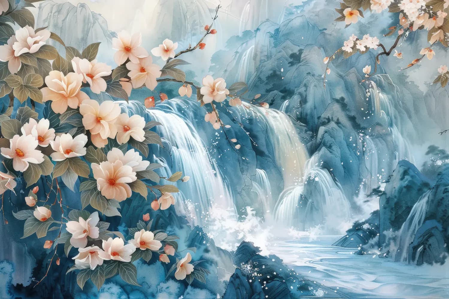 Cascades et Magnolias dans les Montagnes Brumeuses