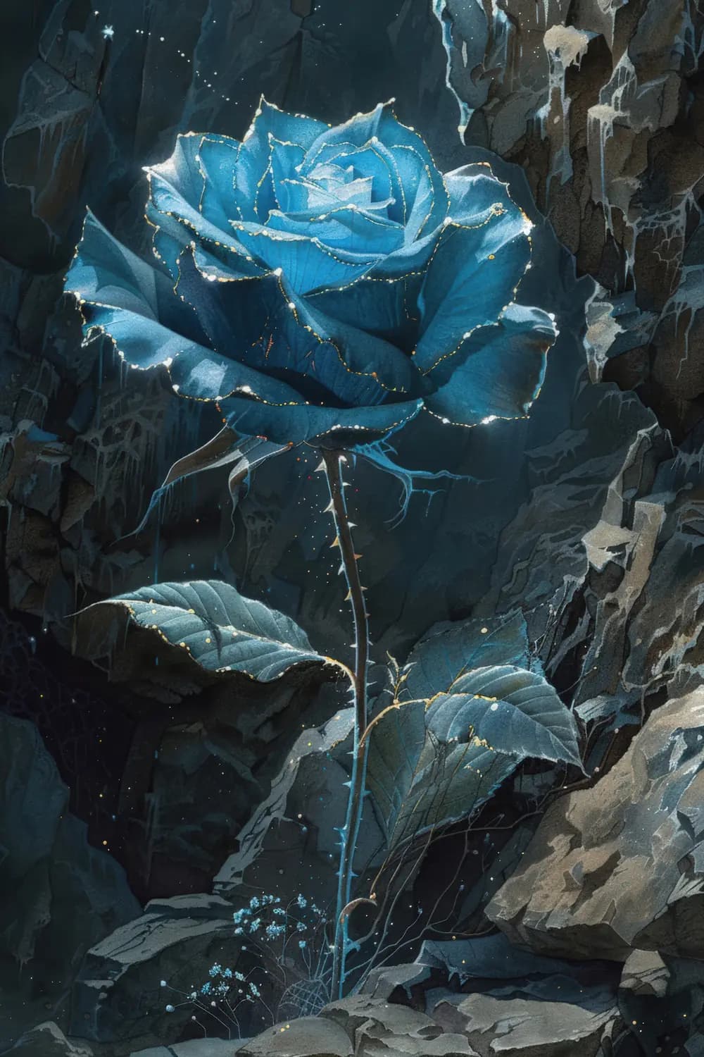 Rose Bleue Céleste dans les Roches Obscures