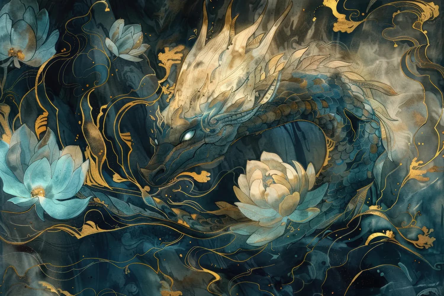 Dragon Céleste et Fleurs de Lotus Dorées