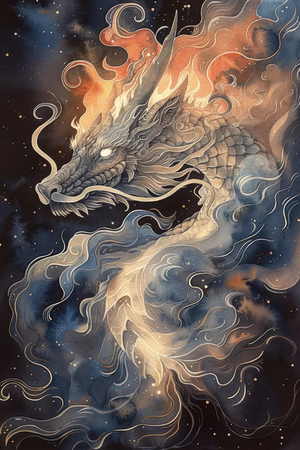 Dragon Céleste dans un Ciel de Feu et d'Étoiles