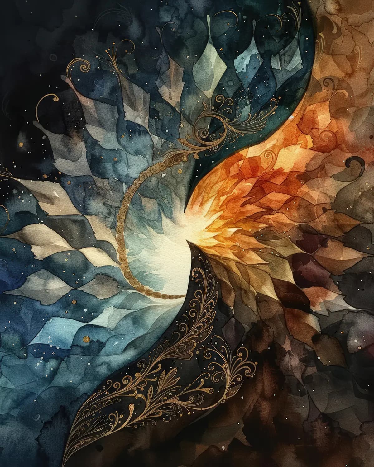 Dualité Céleste : Feu et Nuit en Spirale