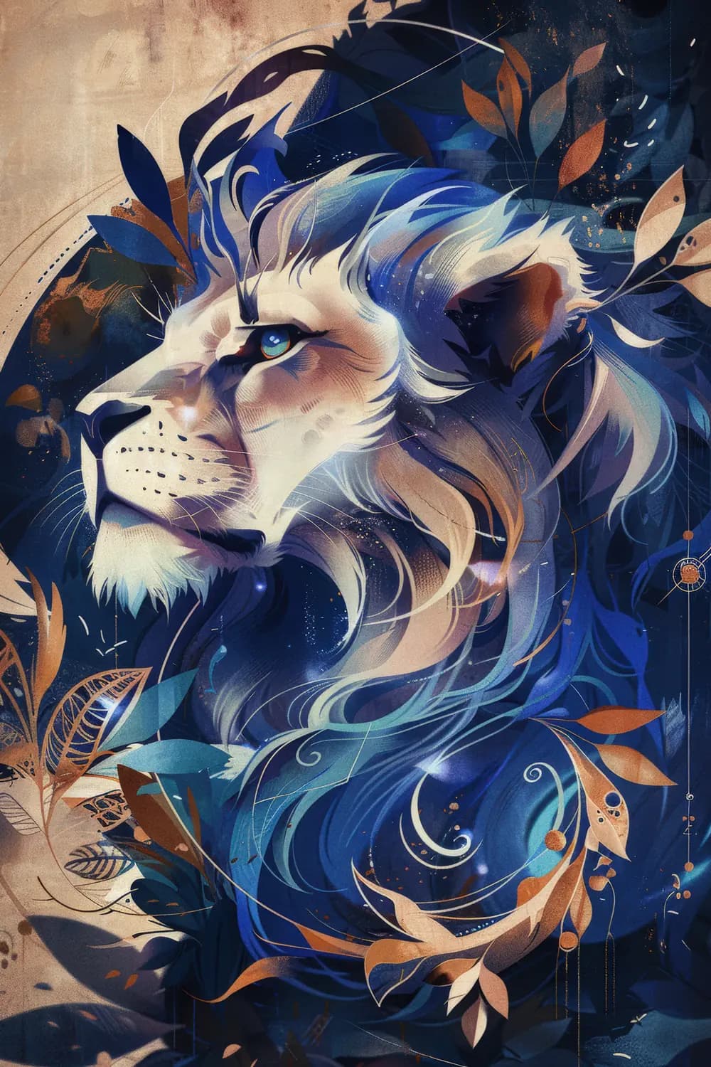 Lion Céleste aux Volutes Bleues et Dorées