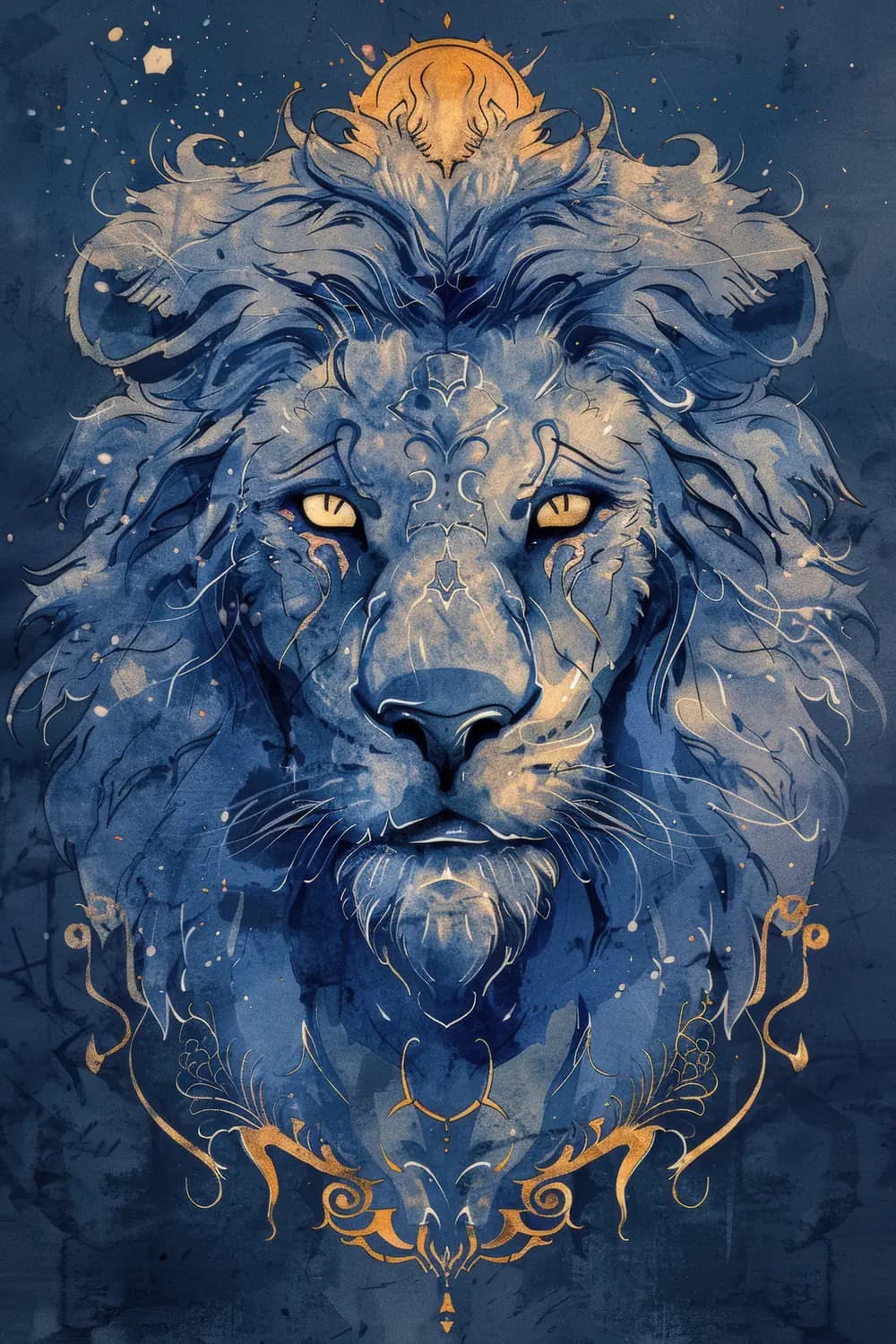 Lion Céleste aux Ornements Dorés sur Bleu