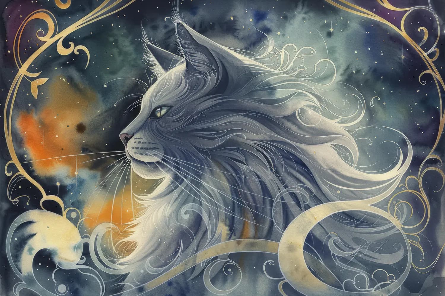 Chat Céleste aux Volutes d'Argent et d'Or