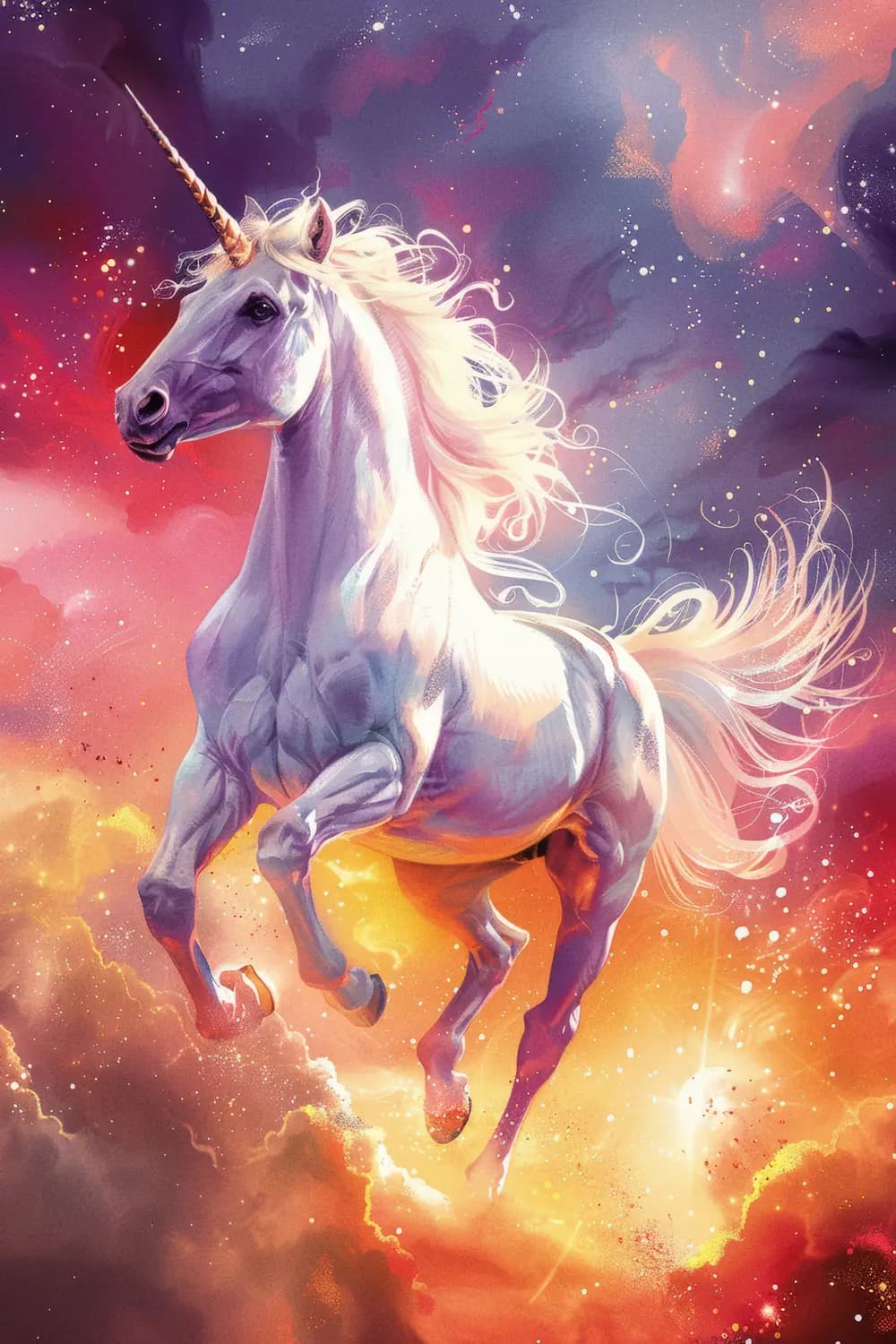 Licorne Céleste au Galop dans les Nuages de Feu