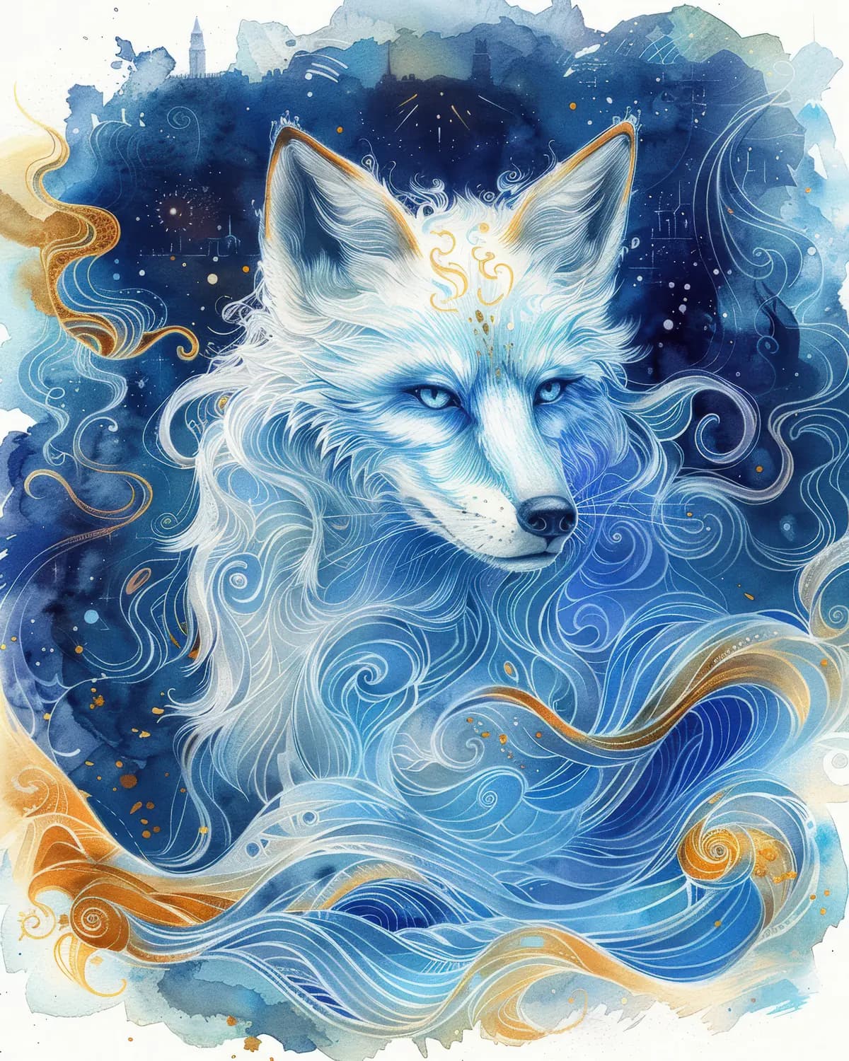 Renard Céleste aux Vagues de Lumière Bleue