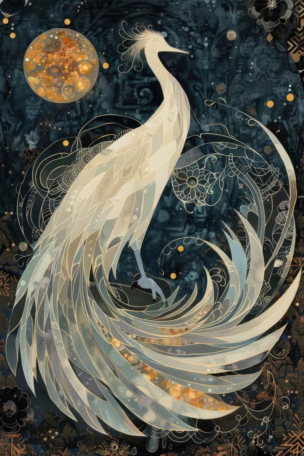 Paon Blanc Céleste sous la Lune Dorée