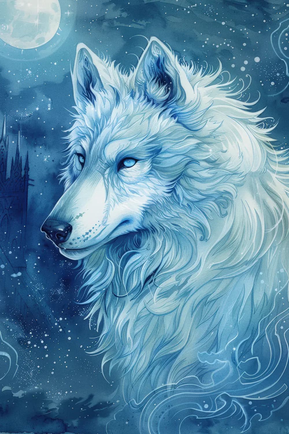 Loup Blanc Céleste Sous la Lune d'Hiver