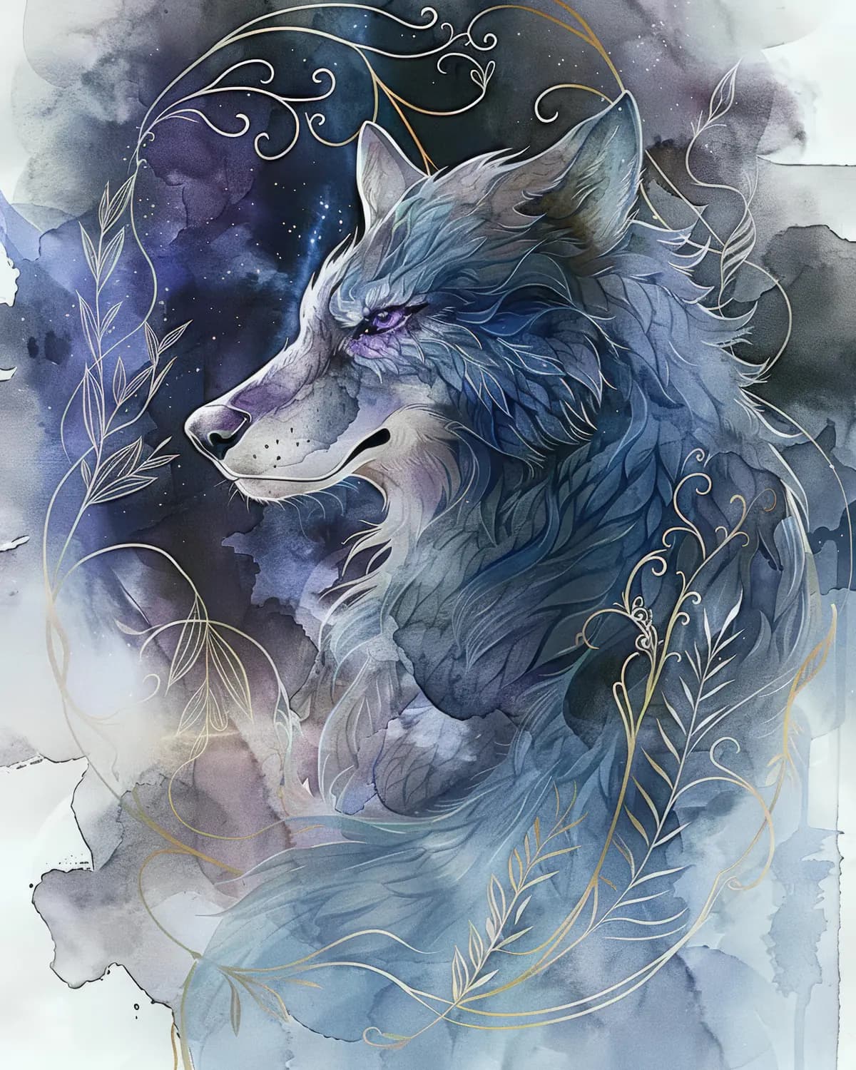 Loup Céleste aux Volutes Dorées et Étoilées