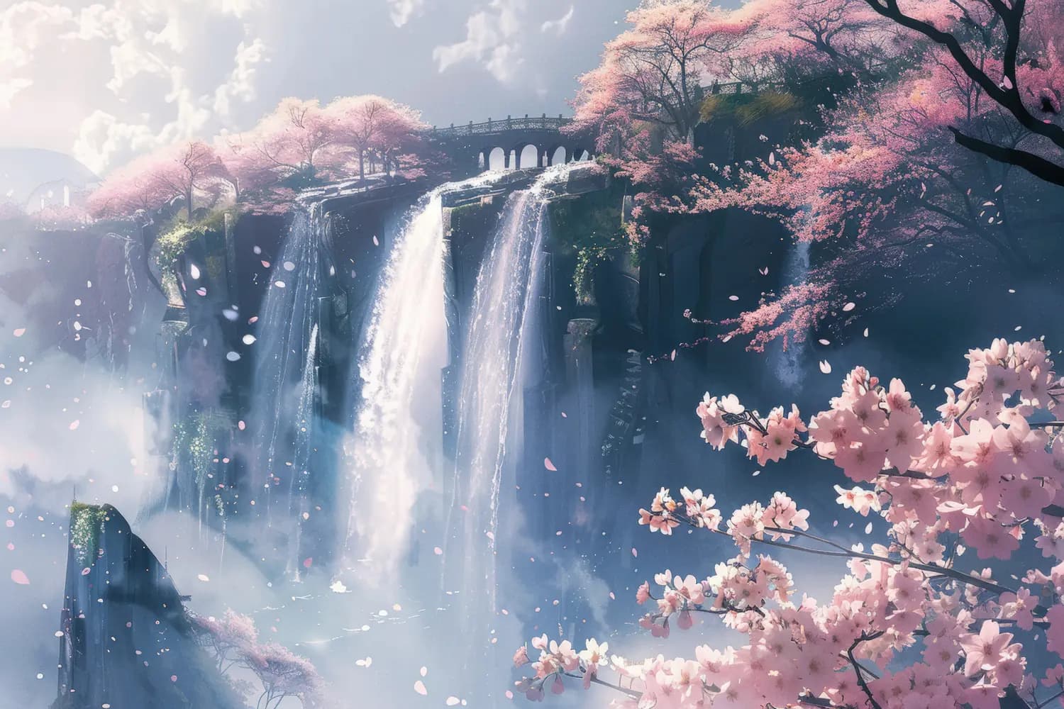 Cascade de Cerisiers en Fleurs au Printemps