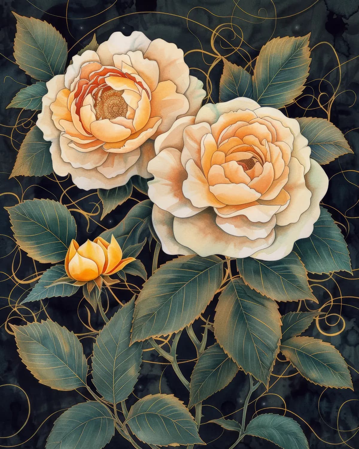 Roses Crème et Bouton d'Or sur Fond Sombre