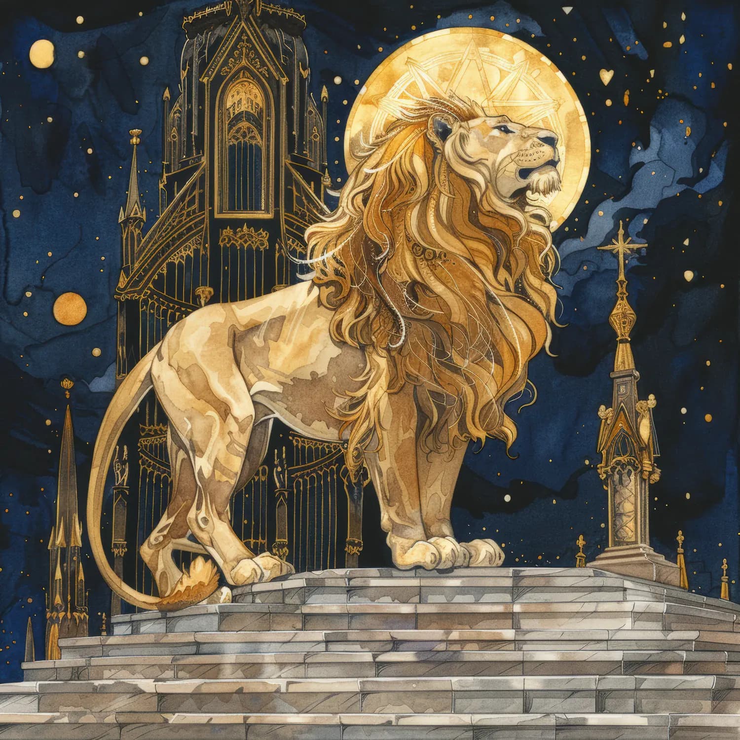 Lion Couronné sur l'Autel de la Nuit Étoilée
