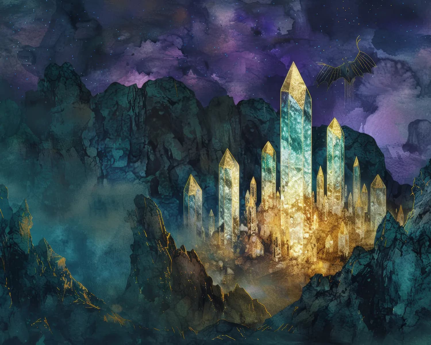 Cité de Cristal dans les Montagnes Nocturnes