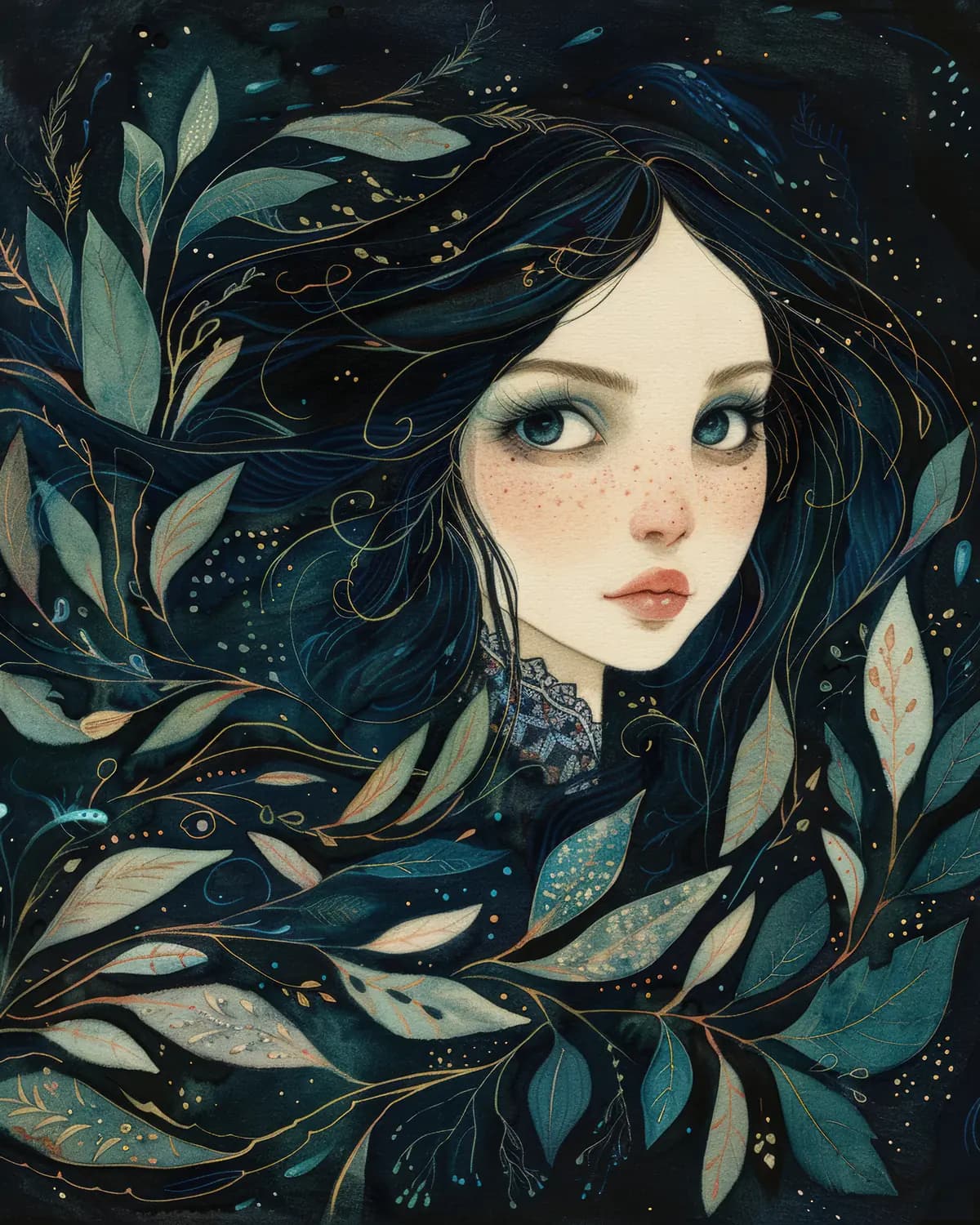 Jeune Femme aux Cheveux de Nuit et Feuilles