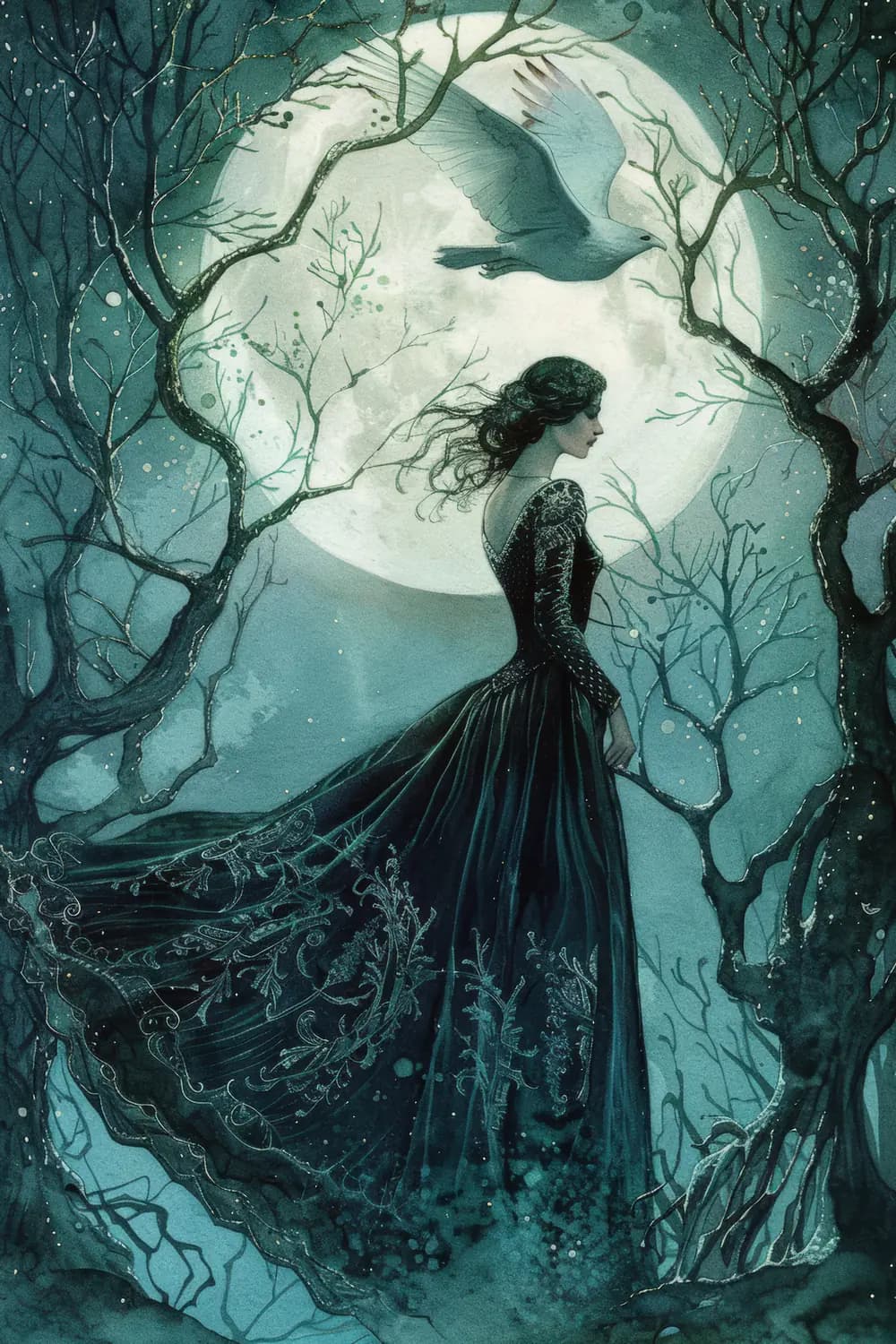 Dame en Noir sous la Lune des Forêts
