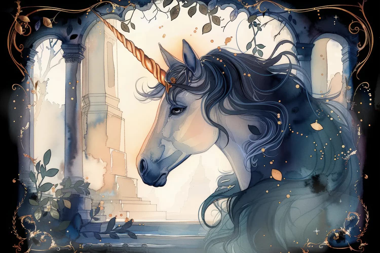 Licorne Sombre aux Ruines Antiques Dorées
