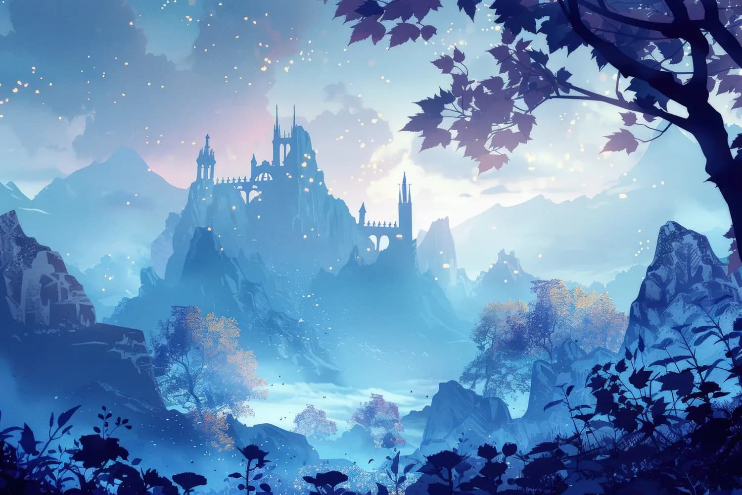 Château Enchanté dans la Brume Bleue