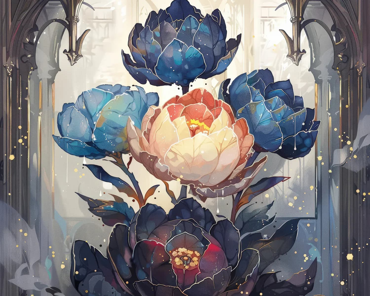 Pivoines Enchanteresses sous les Arches Gothiques