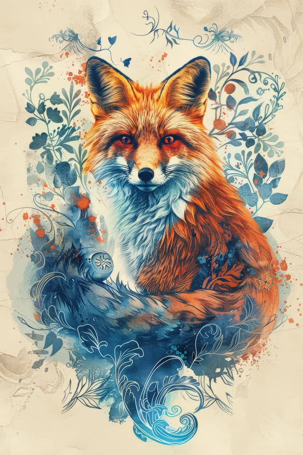 Renard Roux Enchanté aux Ornements Floraux Bleus