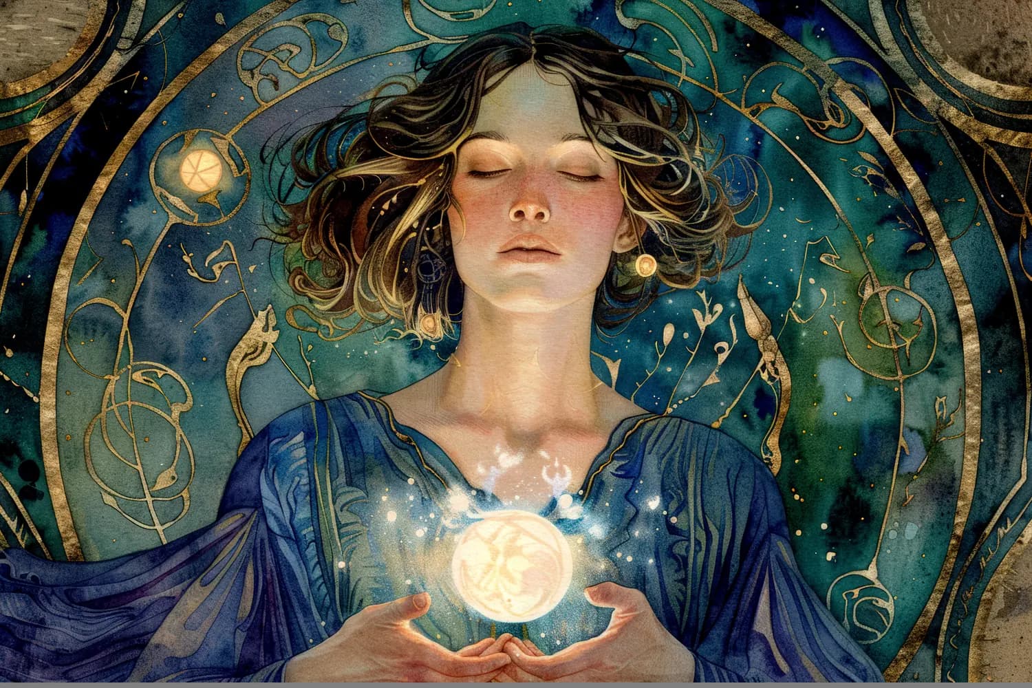 Enchanteresse tenant une sphère de lumière dorée