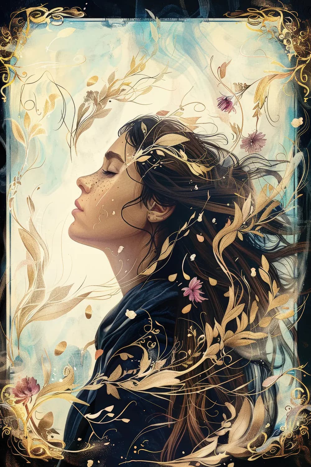 Femme aux Yeux Clos Parmi les Feuilles d'Or