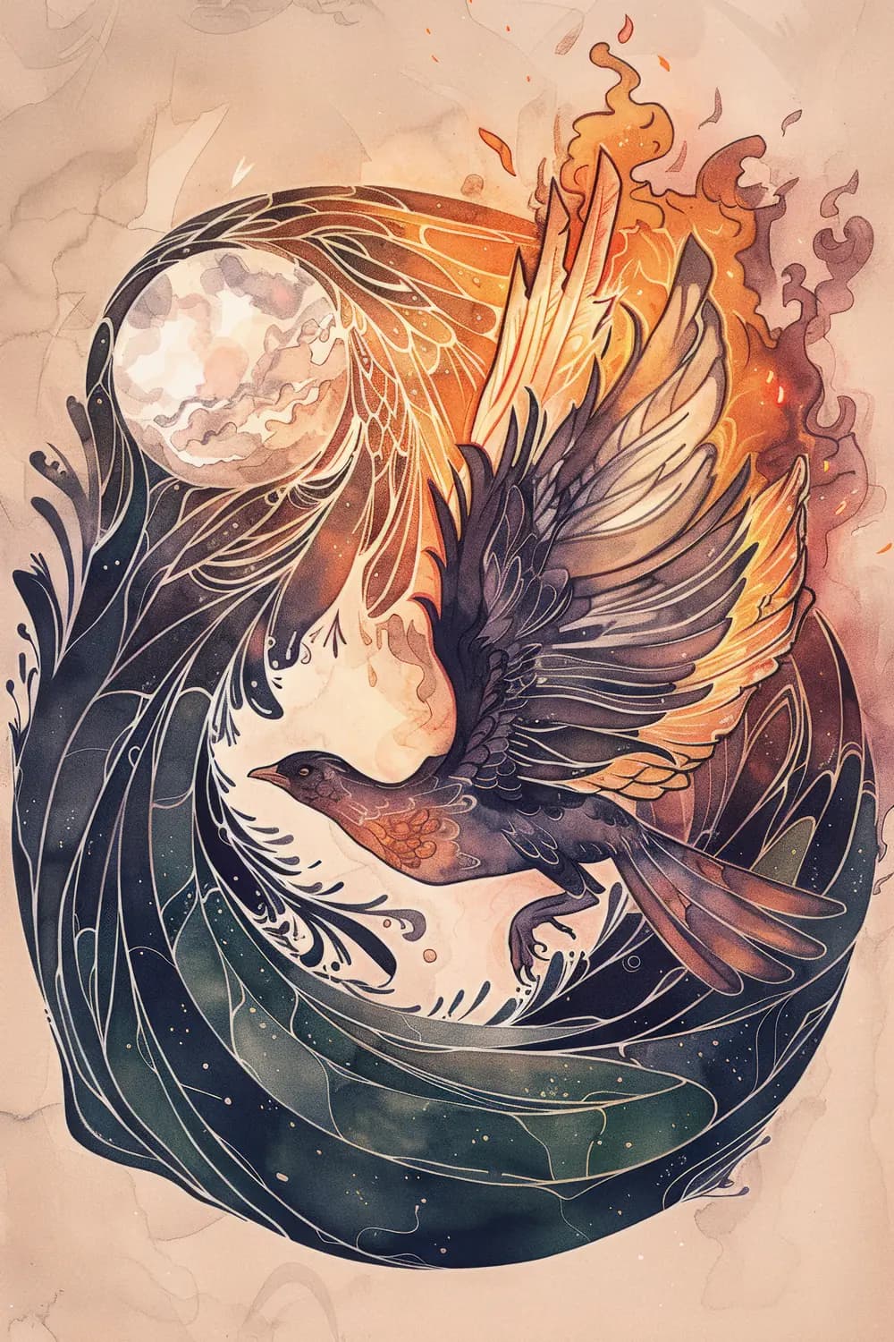 Oiseau de Feu et Lune dans les Flammes