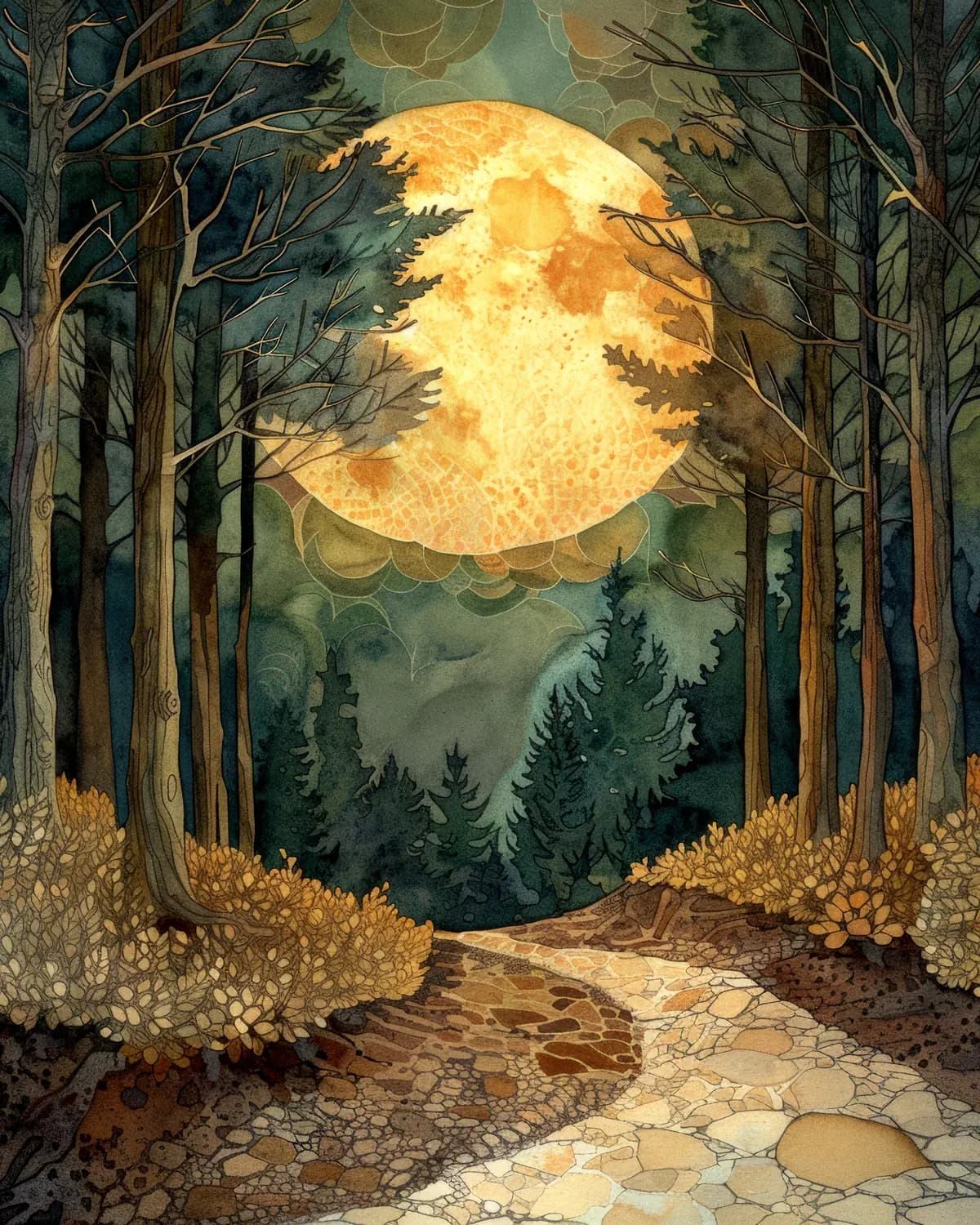 Pleine lune sur le sentier de la forêt