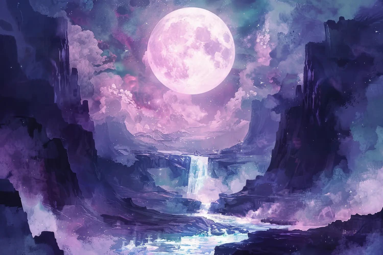 Pleine Lune sur les Falaises et la Cascade