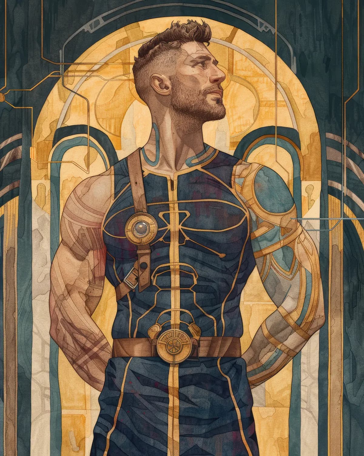 Guerrier Futuriste en Armure Dorée et Teal