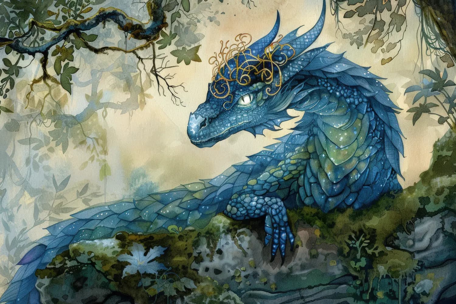 Dragon Bleu Couronné d'Or dans la Forêt Enchantée