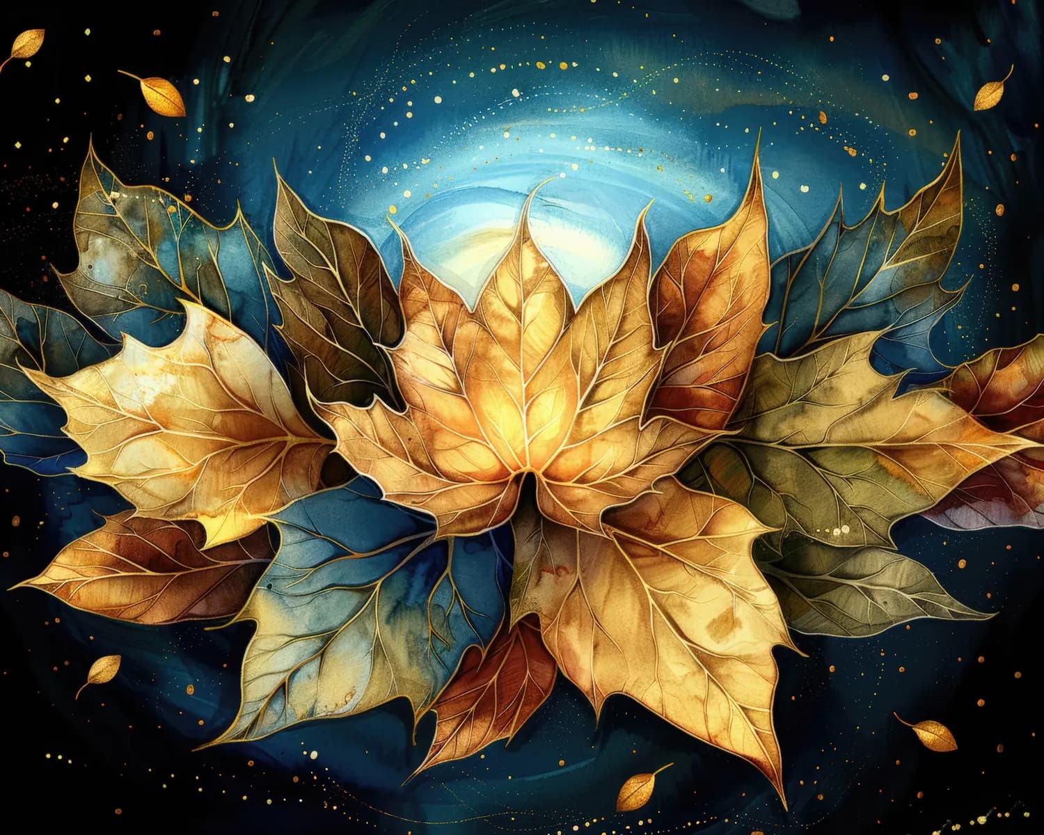 Feuilles d'Automne Dorées dans un Tourbillon Céleste