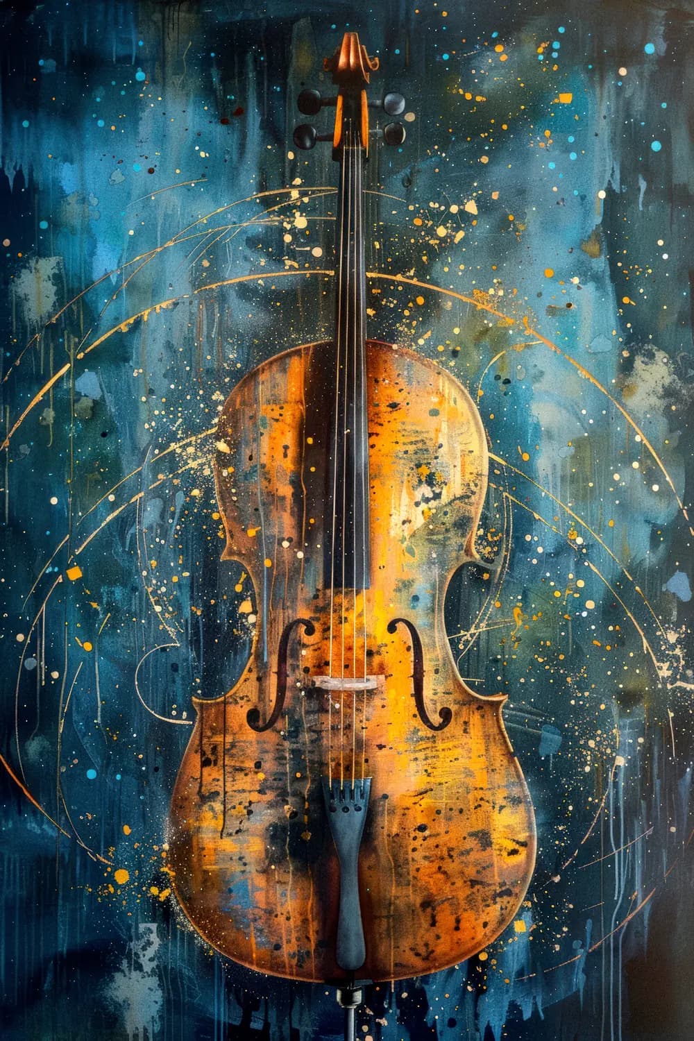 Violoncelle d'Or sur Fond de Tempête Bleue